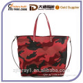 Red Camouflage Canvas Tote Bag With Leather Handle